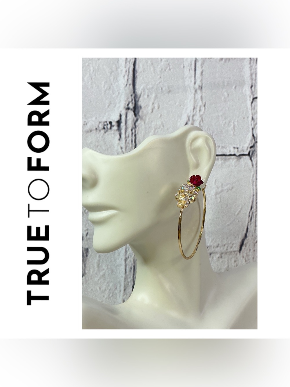 🌟🌟 TRUE TO FORM Rose Skull Gold Hoop Earrings
